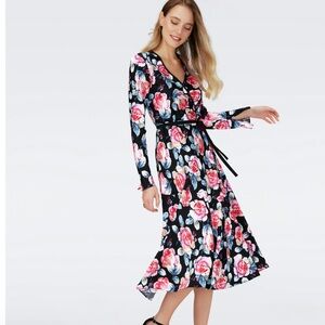 Diane Von Furstenberg Floral Long Sleeve Dress - Black and Pink